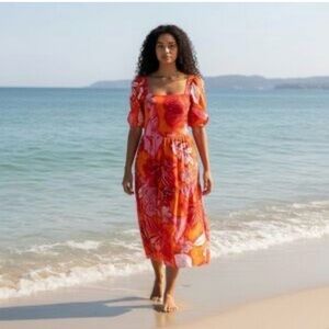 Crystal Sky Orange Floral Print Square Neck Puff Sleeve Tiered Midi Dress Medium